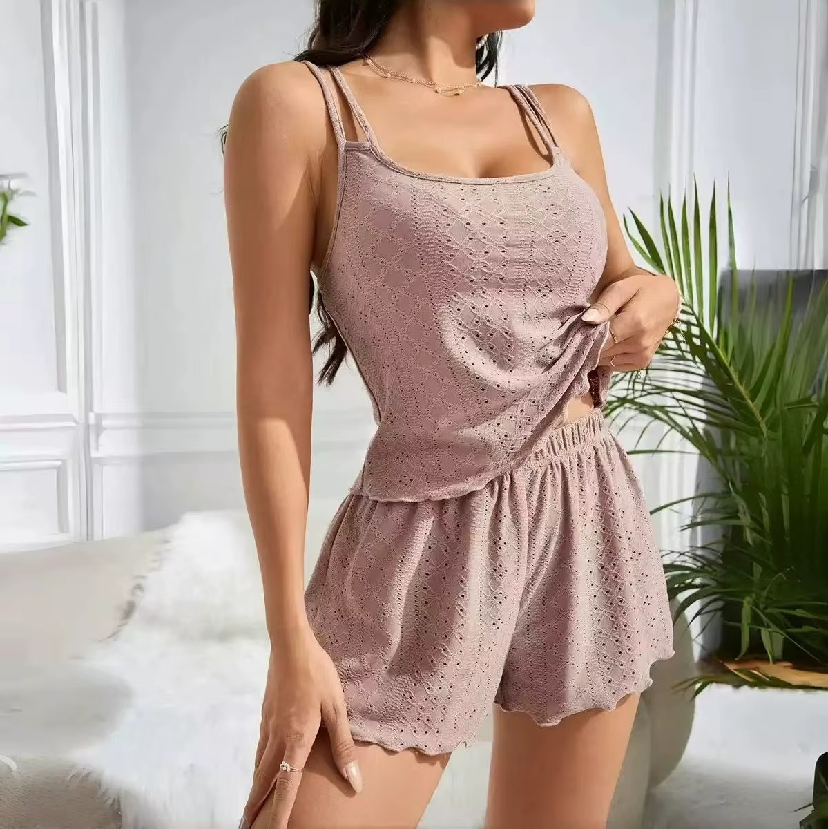 H732ef3968b8f44c5897031f12deb71fft.jpg Askılı Yazlık Rahat Spor Şortlu Pijama Takımı – Nefes Alabilir Konforlu Set W2002 - Görsel 1